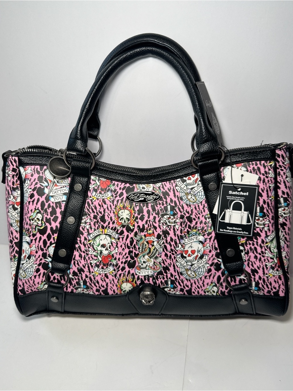 Ed Hardy Pink Leopard Skull Satchel Bag Tattoo Print Y2K Shoulder Bag NWT